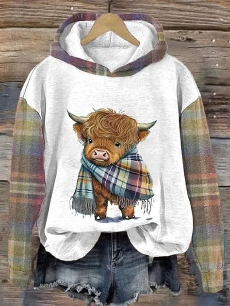 Vchics Cow Hoodie, Highland Cow Print, Vintage Festival, Winter Pullover, Estilo Chic, Funny Prints, Hooded Tops, Cozy Sweatshirts, Mixing Prints