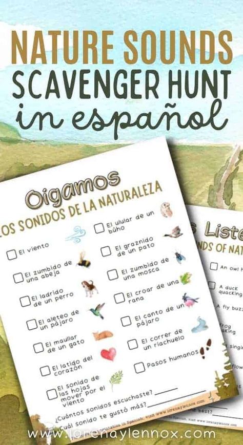 Spring Scavenger Hunt Printable, Spanish Games For Kids, Spring Scavenger Hunt, Spanish Learning Activities, Nature Scavenger Hunt, Preschool Spanish, In Touch With Nature, Scavenger Hunt Printable, Spanish Games