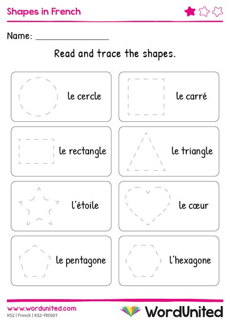 Differentiated for all abilities, these worksheets are a fantastic way for children to not only practice their shape vocabulary, but also encourage the development of fine-motor skills when tracing and drawing the various shapes.  Includes answer sheet. Supports the following areas of learning within Key Stage 2: Languages and Numeracy. Shapes In French, French Kindergarten Worksheets, French Weather Worksheets, French Worksheets For Kindergarten, French Alphabet Worksheets, French Activities For Preschoolers, French Kindergarten Activities, French Activities For Kids, French Worksheets For Kids