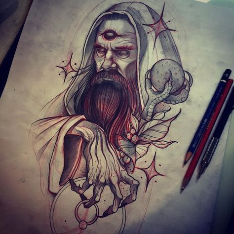 Foto Wizard Drawings, Wizard Tattoo, Neo Tattoo, Skeleton Art, Desenho Tattoo, Dark Art Drawings, Dark Tattoo, Neo Traditional, Tattoo Models