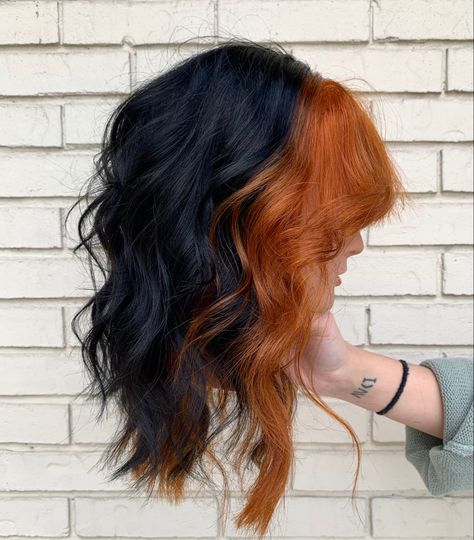 Ginger Red And Black Hair, Orange Front Pieces Hair, Black Hair With Copper Front Pieces, Black And Copper Split Dye, Copper And Black Color Block Hair, Black And Orange Color Block Hair, Dark Orange And Black Hair, Black And Orange Balayage, Black Hair Ginger Money Piece