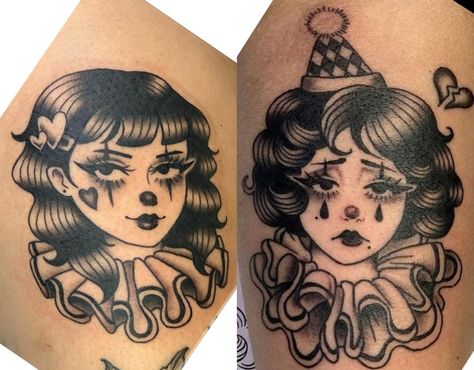 Lady Clown Tattoo, Clown Lady Tattoo, Porcelain Doll Tattoo, Doll Head Tattoo, Neo Traditional Tattoos Black And Grey, Clown Girl Tattoo, Clown Tattoo Design, Jester Tattoo, Tattoo Knee