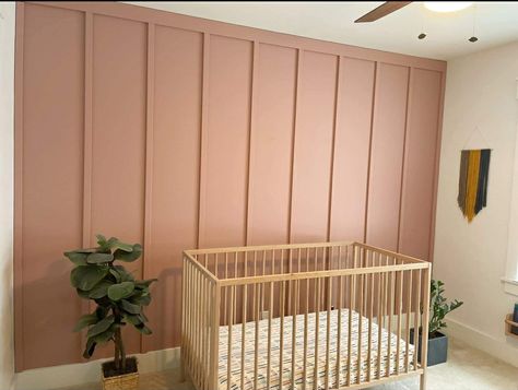 Vertical Board And Batten Wall Nursery, Batten Board Designs, Pink Batten Wall, Boho Nursery Board And Batten, Board And Batten Wall With Shelves, Board And Batten Full Wall Nursery, Full Batten Board Walls, Nursery Accent Wall Board And Batten, Board And Batten Pink Wall