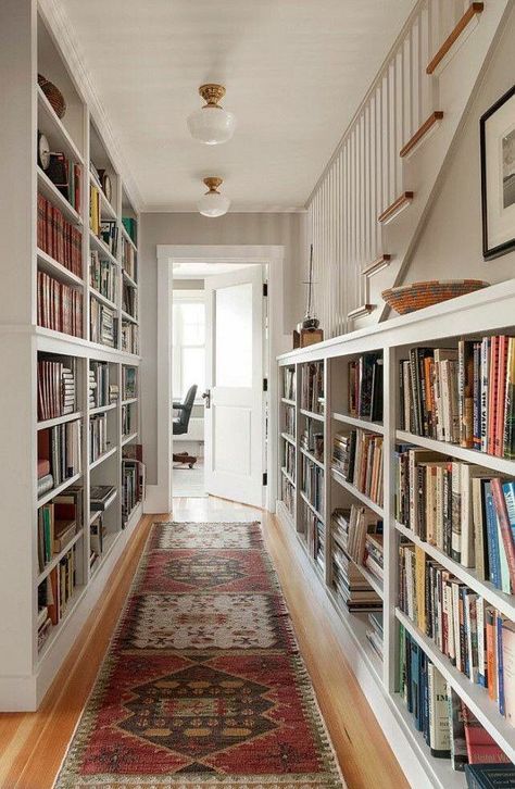 Hallway library; great for smaller homes! Small Home Libraries, Long Narrow Hallway, Small Home Library, Home Library Rooms, Long Hallway, Home Library Design, Home Libraries, Narrow Hallway, Library Design