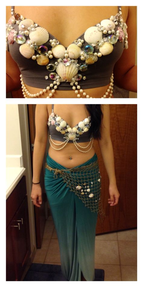 My home-made mermaid costume 2016: shells and rhinestones hot glued to a sports bra pairs with an ombré skirt Mermaid Costume Women, Homemade Mermaid Costumes, Diy Fantasia, Siren Costume, Mermaid Costume Diy, Mermaid Halloween Costumes, Girl Group Costumes, Mermaid Parade, Mermaid Bra