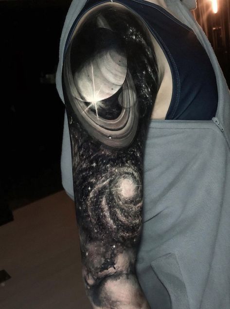 Galaxy Tattoo Black And White, Tattoos Black And White, Galaxy Tattoos, Galaxy Tattoo Sleeve, Galaxy Black And White, Space Tattoo Sleeve, Shen Long Tattoo, Cover Up Tattoos For Men, Cosmos Tattoo