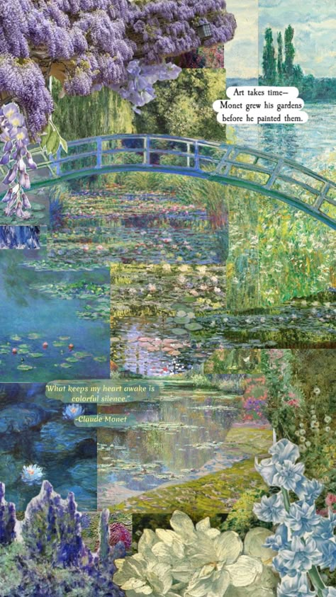 Collage of art #collageart #vintage #art #wallpaper #monet #painting #landscape #aesthetic Painting Landscape Aesthetic, Lily Poster, Monet Wallpaper, Vintage Art Wallpaper, Landscape Aesthetic, Claude Monet Paintings, Claude Monet Art, Monet Art, Arte Van Gogh