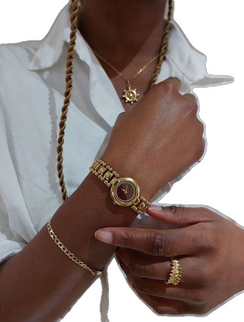 Jewelry Accessories Black Women, Jewelry Inspo Black Women, Gold Bracelet For Women Aesthetic, Dark Skin Jewelry, Jewellery On Black Women, Stacked Rings Black Women, Beige Aesthetic Black Woman, Gold Bracelet Stack Black Woman, Black Woman Jewellery Aesthetic