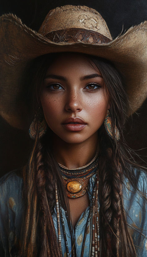 Rugged Western Natural Beauty. Long Festival Hair, Cowgirl Makeup Ideas, Western Makeup Looks, Cowgirl Hairstyles, Cowgirl Makeup, Cowgirls Hairstyles, Cowgirl Hair, Nashville Outfits, Festival Hair