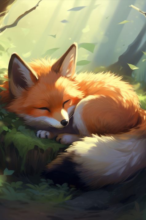 Sleeping In The Forest, Fox Fanart, Fox Sleeping, Cute Fox Drawing, Fox Wallpaper, Fox Watercolor, Fox Artwork, Fox Drawing, Wild Animals Pictures