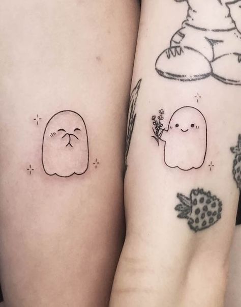 60 Cute and Creative Couple Tattoo Ideas You'll Adore Ghost Bff Tattoo, Black And White Sister Tattoos, Mario Couple Tattoos, Non Basic Matching Tattoos, Matching Tattoos Ghost, Matching Unmatching Tattoos, Matching Nerd Tattoos, Matching Ghost Tattoos For Couples, Charli Tattoo