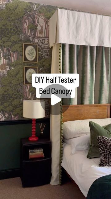 Sheila & Bruce Harvey-Larmar on Instagram: "Ad | You asked for a tutorial for a half tester bed canopy, so here it is!  Well, it’s more a visual guide of how we put it together rather than a full tutorial, because the measurements will depend on the size of the bed, and not everyone will have a 6ft bed like Fred’s. I’m assuming a basic knowledge of curtain making, because Instagram isn’t the platform for that, and you can find in-depth videos for most things on YouTube.  The single most important thing is to choose a good weight fabric that falls beautifully, like this linen from @warnerhouse_1870 that we used, as anything too lightweight, or too crisp just won’t hang right.  The next most important thing to get right is the proportion of pelmet length to drape length - the ratio is 1:6. I Half Tester Bed Canopy Diy, Half Tester Bed Canopy, Fabric Canopy Over Bed, Tester Bed Canopy, Bed Curtains Diy, Bed Tester, Bed Cornice, Sensory Aesthetic, Cottage Core Bed