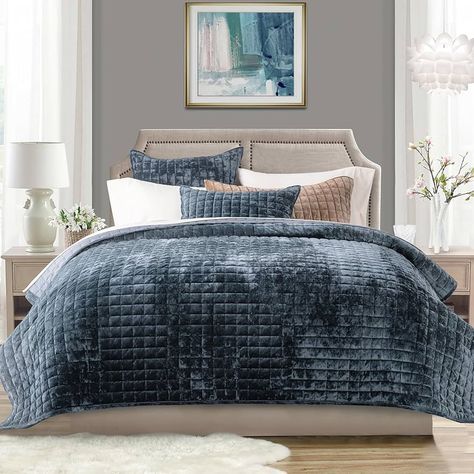 Amazon.com: RECYCO Luxury Velvet Quilt Queen Size, Ultra Soft Velvet Bedding Sets, Lightweight Quilted Velvet Comforter Set, Channel Stitch Oversized Bedspread Coverlet with 2 Pillow Shams, Terracotta : Home & Kitchen Velvet Bedding, King Size Comforter Sets, Stormy Blue, Velvet Comforter, Blue Comforter Sets, Velvet Bedding Sets, Chic Bedroom Decor, Quilted Velvet, Beach Bedding