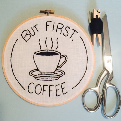 Hand Embroidered But First Coffee Hoop Art Wall by MaggieAlvarez Hoop Art Wall Decor, Hoop Art Wall, Wooden Embroidery, Embroidery Hoop Wall Art, Embroidery Wall Art, Wooden Embroidery Hoops, Floral Embroidery Patterns, Pola Kristik, Hand Embroidery Projects