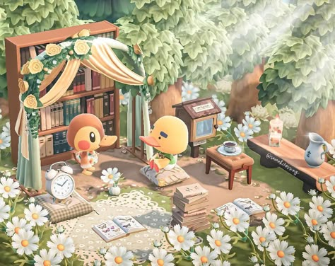 Small Area Builds Acnh, Acnh Reading Nook, Acnh Duck Design, Acnh Bookshelf Design, Acnh Rug Design Code, Animal Crossing Themes, Animal Crossing Wedding, Acnh Small Area Ideas, Acnh Island Designs