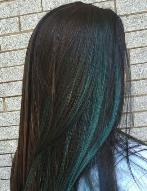 Dark Hair With Dark Green Highlights, Blue Hidden Highlights, Brunette With Green Highlights, Dark Green Hair Highlights Brunettes, Brown Hair With Dark Green Highlights, Teal Streaks In Black Hair, Black And Teal Hair Peekaboo, Black Hair With Dark Green Highlights, Black Hair Green Streaks