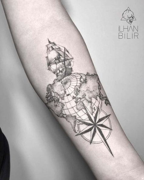 Travel Inspired Tattoo Design Ideas | Adventure Awaits Compass And Map Tattoo, Travel Tattoo Ideas, Inside Of Arm Tattoo, World Map Tattoos, Art Symbols, Map Tattoo, Cultural Travel, Map Tattoos, Europe Holidays