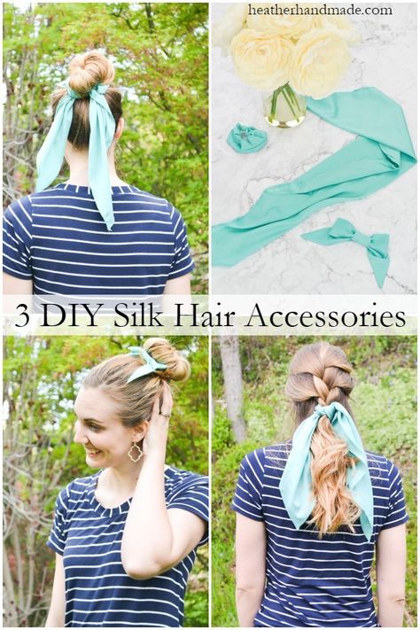 Use upcycled silk to make these three DIY hair accessories! The scrunchie, scarf, and bow can be used together or separately. Scarf Sewing Pattern, Scrunchie Scarf, Diy Baby Headbands, Silk Fiber, Diy Scarf, Lash Mascara, Silk Bow, Hair Scarf, Headband Pattern