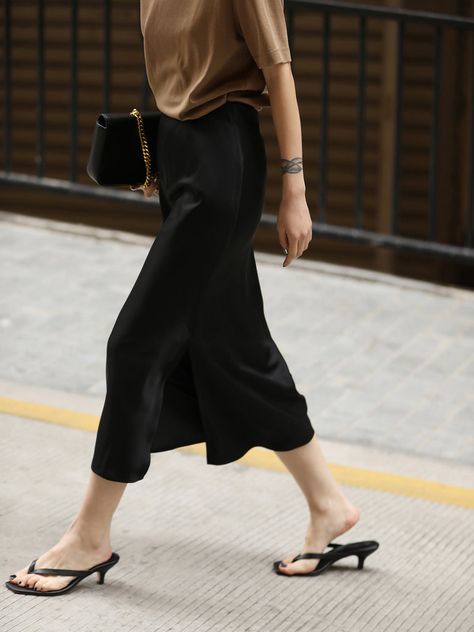 Satin midi skirt outfit