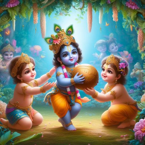 Shri krishna playing with golden ball with siblings in garden. Child Krishna Images, Baal Krishna Images, Krishna Bal Gopal, Saraswati Picture, Budgie Cage, Sree Krishna, Animals With Horns, Hari Om, Krishna Consciousness