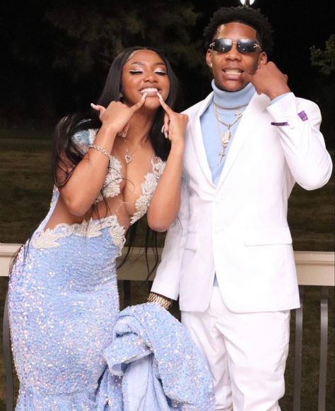 Brown Prom Couple Outfits, Black Couples Homecoming Outfits, Soft Blue Prom Dress, Black Couple Prom Ideas, Prom Looks Black Couples, Prom Couples Outfits Blue, Prom Fits 2023, Prom 2023 Black Couples, Homecoming Dresses Couples Black