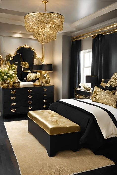 Romantic Bedroom Ideas For Couples Diy, Black And Gold Vintage Bedroom, Woman’s Bedroom, Black Gold Bedroom Ideas, Black And Gold Bed, Black White Bedroom Ideas, Black And Gold Bedroom Decor, Luxurious Bedrooms Master Romantic, Bedroom With Black Furniture