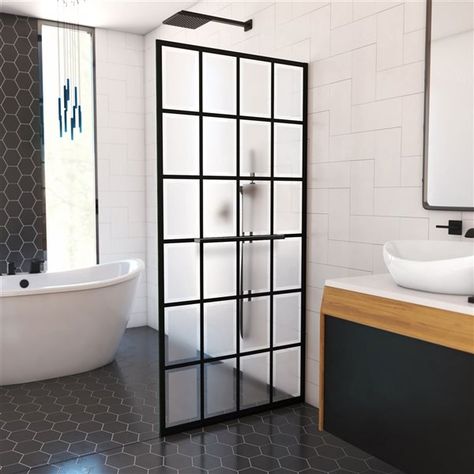 The DreamLine Rhone is a single panel, walk-in shower design with a modern industrial touch. The Rhone has a stylish window pane look, with a satin black finish that is bold and striking in any bathroom. The glass pattern is made with white privacy frosting and durable JetGlaze paint, offering a unique style without the metal framing for easy maintenance. DreamLine exclusive ClearMax water repellant and stain-resistant glass coating adds superior stain protection. Choose Dreamline for the ultima Frameless Shower Screen, Dreamline Shower Door, Dreamline Shower, Black Shower Doors, Wall Alcove, Framed Shower Door, Walk In Shower Designs, Bathtub Doors, Tub Doors