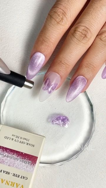 Lilac Cat Eye Nails, Cat Eye Butterfly Nails, Purple Cat Eye Nails, Purple Butterfly Nails, Nail Tech Nails, Butterfly Nail Design, Tech Nails, Solid Gel Polish, Lilac Nail Polish