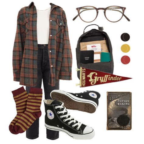 Cute Gryffindor Outfits, Ron Weasley Outfit Aesthetic, Harry Potter Aesthetic Outfits Gryffindor, Griffyndor Aestethic Outfit, Hogwarts Clothes Gryffindor, Gryffindor Outfits Aesthetic, Hogwarts Shifting Outfits, Hogwarts Fashion Aesthetic, Harry Potter Inspired Outfits Gryffindor