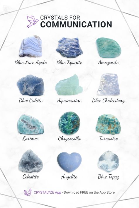 Crystals to encourage compassionate listening and expressing your truth. 𝐃𝐨𝐰𝐧𝐥𝐨𝐚𝐝 𝐨𝐮𝐫 𝐅𝐑𝐄𝐄 𝐂𝐫𝐲𝐬𝐭𝐚𝐥𝐲𝐳𝐞 𝐦𝐨𝐛𝐢𝐥𝐞 𝐚𝐩𝐩 (𝚘𝚗 𝚝𝚑𝚎 𝙰𝚙𝚙 𝚂𝚝𝚘𝚛𝚎) ✧ Expand your crystal knowledge with our in-depth crystal reference guide ☽ #Crystals #HealingCrystals How To Store Crystals And Stones, How To Store Crystals, Crystals For Communication, Crystal Reference, Crystal Knowledge, Crystal Ideas, Crystal Identification, Gemstones Chart, Crystal Healing Chart