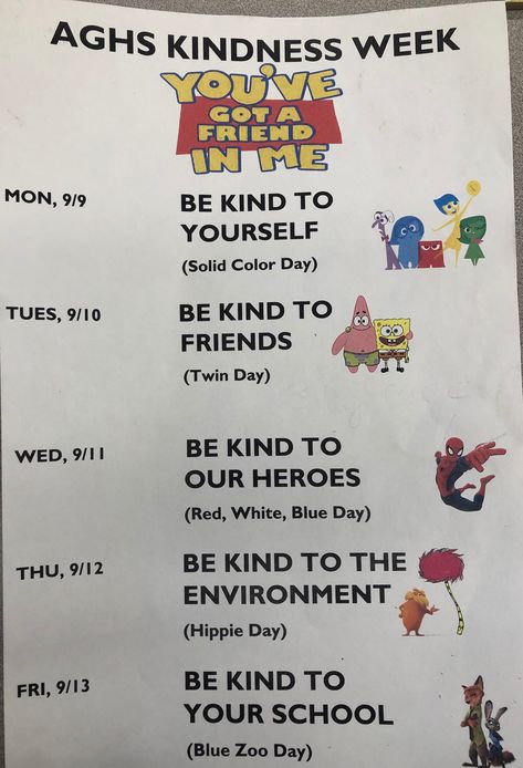 Student Council Kindness Ideas, Kindness Dress Up Days, Nursing Spirit Week Ideas, Kindness Week Spirit Days, Kindness Week Dress Up Days, Kindness Spirit Week, Kindness Week Ideas, Kindness Crafts, Spirit Weeks