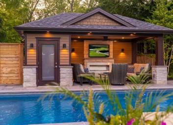 Summer Daze Outdoor Pool Restroom Ideas, Outdoor Restroom Ideas Pool Houses, Pool Restroom Ideas, Backyard Restroom, Outdoor Restroom Ideas, Yard Structures, Backyard Bar Shed, Patio Renovation, Restroom Ideas