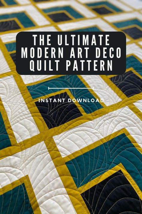 For the cover quilt, I decided to create the throw size. I wanted an ultra Art Deco vibe and chose colors that were inspired by the Carbide and Carbon building itself. This Art Deco color palette consists of black, emerald, gold and ivory, which I feel like are iconic 1920s colors. You have the high contrast between the cream and the black fabric, which is gorgeous next to the emerald green. Plus, I think the gold fabric perfectly captures the decadence of the Art Deco period. Black And Gold Quilt Pattern, Art Deco Quilts Patterns, Art Deco Quilt Patterns Free, Art Deco Quilt Patterns, Deco Quilts, Art Deco Color Palette, Art Deco Quilt, Deco Quilt, Embroidered Quilt Labels