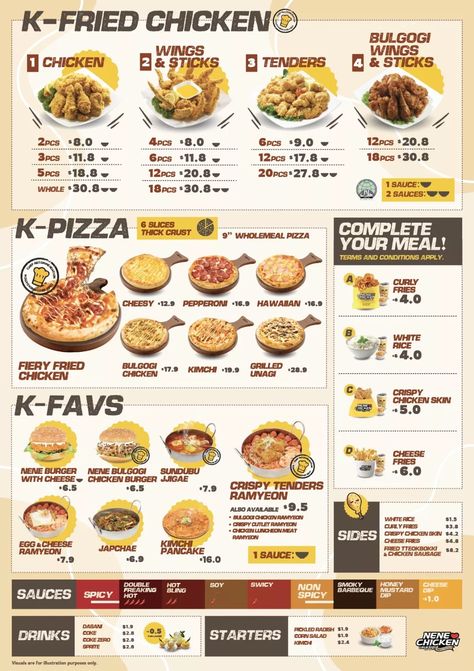 Nene chicken Singapore menu Richesse Factory Chicken, Kimchi Chicken, Chicken Bulgogi, Touken Ranbu Mikazuki, Chicken Menu, Curly Fries, Food Menu Design, Chicken Skin, Cheese Fries