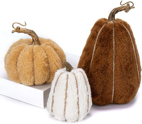 HIGH-QUALITY SHERPA PLUSH PUMPKINS - Each pumpkin is filled with foam and wrapped in sherpa plush fabric and hemp rope. Faux pumpkins with beautiful colors, a lovely appearance, no odor, no deformation and will not fade. These fake foam pumpkins will be using for years to come without maintenance required Thanksgiving Decor Table, Harvest Table Centerpieces, Plush Pumpkins, Harvest Celebration, Party Table Centerpieces, Table Centerpiece Decorations, Artificial Pumpkins, Foam Pumpkins, Artificial Fruit