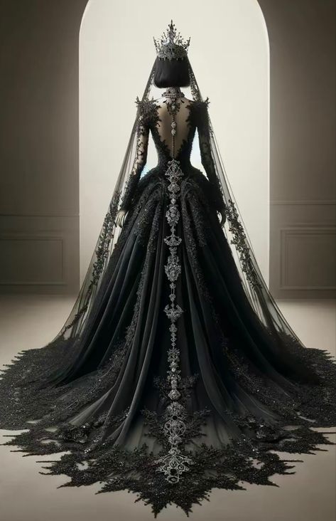 Black Train Dress, Black Aesthetic Wedding Dress, Dark Fantasy Wedding Dress, Dark Romantic Wedding Dress, Black Fantasy Dress Queens, Black Wedding Dresses Gothic, Goth Wedding Dresses, A Black Wedding, Dark Romantic Wedding