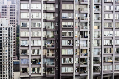 Balconies and windows of residential high-rise building in Hong Kong Building Front View, Old Apartment Building, High Building, Building Front, Old Apartments, Building Illustration, High Rise Building, Apartment Balconies, Old Building