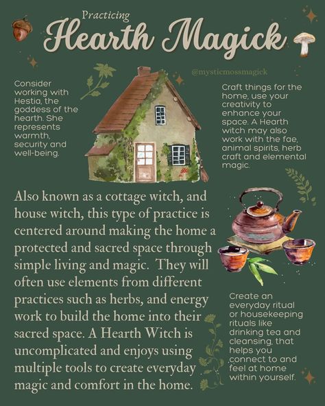 A hearth witch is also sometimes referred to as a cottage witch or house witch, and is someone who practices crafting a home into a sacred space by working with multiple practices like energy work, herb craft, working with the fae, and animal spirits and many other things. It is someone who understands the importance of connecting to the self through creating magic out of everyday routines through spiritual practice, witchcraft and sacred housekeeping. ✨🌿🌙🍂 . . . #greenwitch #housewitch #cott... New House Witchcraft, New Home Ritual Witch, Hearth Witch Spells, New House Witch Tips, Scandinavian Witch, Witchy Cleaning, Hearth Witch Aesthetic, Eclectic Witch Aesthetic, Hearth Witchcraft