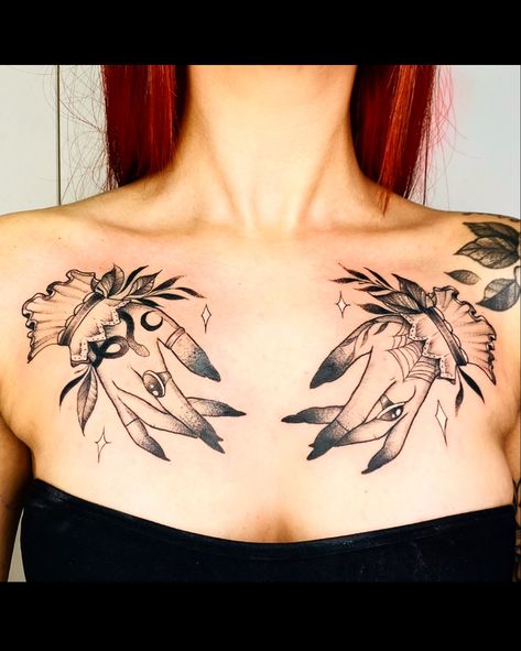 Hands Chest Tattoo, Victorian Hands Tattoo, Victorian Chest Tattoo, Victorian Hand Tattoo, Witch Hands Tattoo, Witchy Hand Tattoos, Witchy Chest Tattoo, Tattoo Planning, Symmetrical Tattoo