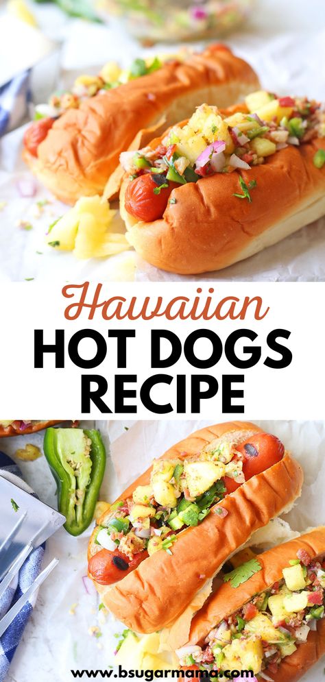 This Hawaiian Hot Dogs recipe is made with pineapple, jalapeno, cilantro, and more. Delicious and full of flavor, this Hawaiian Hot Dogs recipe is perfect for summer grilling! Pineapple Hot Dogs, Crazy Hot Dog Ideas, Hot Dog For Dinner, Hot Dog Ideas Creative, Hawaiian Hot Dogs, Hawaiian Hot Dogs Recipe, Elevated Hot Dogs, Hot Dog Quesadilla, Sides With Hot Dogs