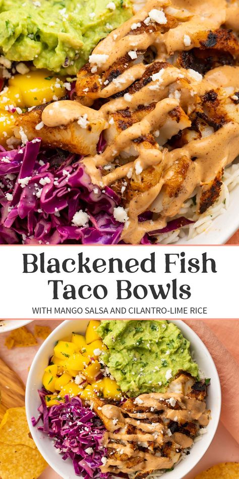 These blackened fish taco bowls are a more traditional take on my super-popular Whole30 & paleo fish taco bowls. With mango salsa, cilantro-lime rice, creamy guacamole, red cabbage slaw, and a spicy chipotle aioli, this deconstructed dish is full of incredible flavors and mouth-watering ingredients. Fish Bowl Recipe, Paleo Fish Tacos, Slaw For Fish Tacos, Spicy Fish Tacos, Creamy Guacamole, Blackened Fish Tacos, Blackened Fish, Taco Bowl Recipe, Blacken Fish