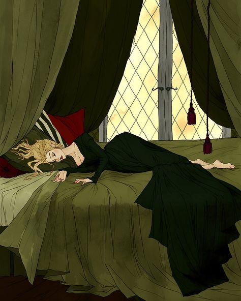 So when the seraph collapsed on her bed, it was to sleep she yielded. Sleeping Beauty Art, Abigail Larson, Beauty Paintings, Creepy Drawings, Arte Sketchbook, Poses References, Witch Art, Arte Fantasy, Gothic Art