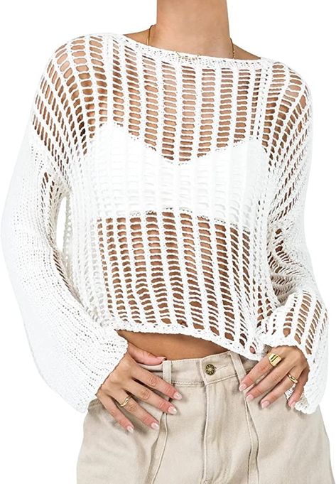 Mesh Top Outfit, Crochet Long Sleeve Top, Fishnet Crop Tops, Knit Swimwear, Sheer Sweater, Fishnet Top, Crochet Lace Top, Cropped Knit Sweater, Plus Size Kleidung