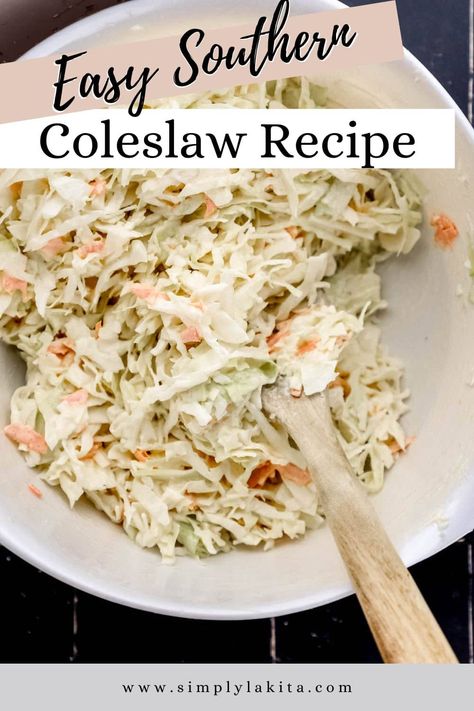 This quick and easy Southern Coleslaw Recipe is an easy side dish that's loaded with tangy flavors. Plus it comes together in minutes with just a few ingredients. Pair it with smoky barbecue, hot dogs, or pulled pork sandwiches. simplylakita.com #coleslawrecipe Southern Coleslaw Recipe, Classic Coleslaw Recipe, Southern Coleslaw, Southern Baked Beans, Fried Catfish Recipes, Southern Fried Catfish, Bbq Chicken Sliders, Bbq Chicken Thighs, Barbecue Pulled Pork