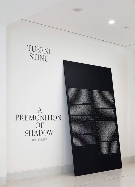 Josef Bolf: A Premonition Of Shadow – exhibition on Behance Exhibition Wall Text Design, Exhibition Wall Design, Shadow Exhibition, Exhibit Signage, Exhibition Display Wall, Display Exhibition, Exhibition Graphics, Gallery Exhibit, Exhibition Display Design