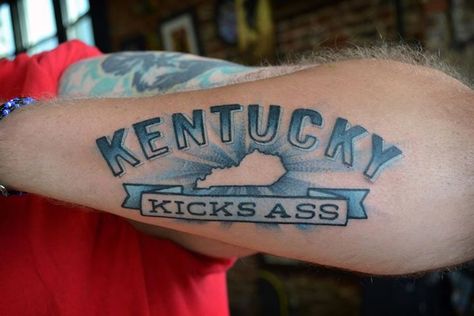 "Kentucky Kicks Ass" tattoo Kentucky Tattoo, State Tattoos, Kentucky Girl, Delicate Tattoo, My Old Kentucky Home, Inked Magazine, Kentucky Wildcats, Fine Line Tattoos, Line Tattoos