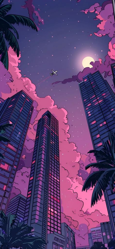 Pink City Aesthetic, Pink Cyberpunk, Princess Animation, Neon Pink Aesthetic, Purple City, City Cartoon, Cool Wallpapers For Phones, Landscape Background, City Aesthetic