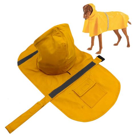 Yellow dog raincoat with hood. Breathable inner lining. Hole for leash. Reflective strips and small pocket to hold poop bag, set of keys etc. Dog Coat Pattern, Waterproof Poncho, Dog Clothes Diy, Raincoat Kids, Raincoat Jacket, Dog Raincoat, Dog Clothes Patterns, Raincoats For Women, Dog Coats