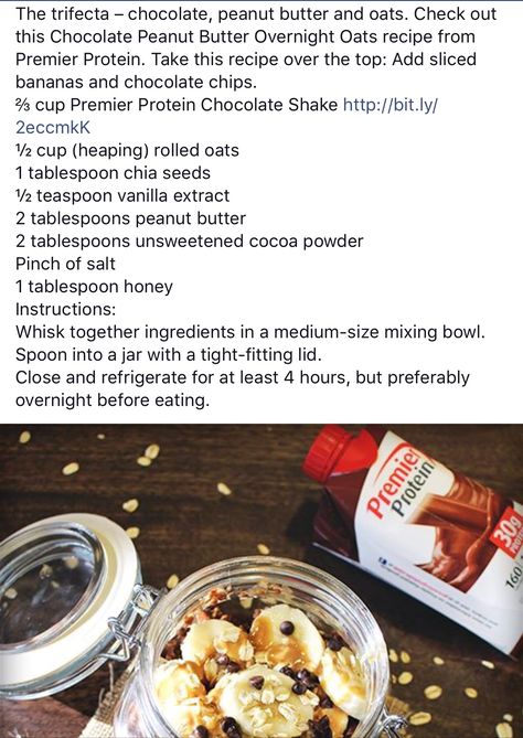 Chocolate Overnight Oats, Peanut Butter Overnight Oats, Protein Chocolate, Premier Protein, Chocolate Shake, Overnight Oats Recipe, Rolled Oats, Overnight Oats, Protein Foods