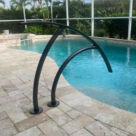 Choose one of our beautiful designer pool or spa hand rails to increase both the appeal and safety of your outdoor living area. Made in the USA. Pool Railing Ideas, Pool Handrail Ideas, Pool Railing, Seahorse Mermaid, Pool Rails, Deck Installation, Hand Rail, Custom Metal Art, Pool And Spa